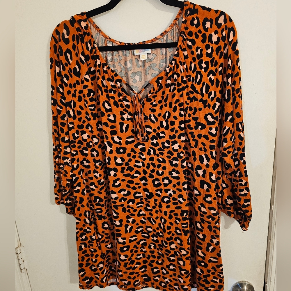 LuLaRoe 3xl Debra Animal Print Black and Orange 3/4 Sleeve Blouse